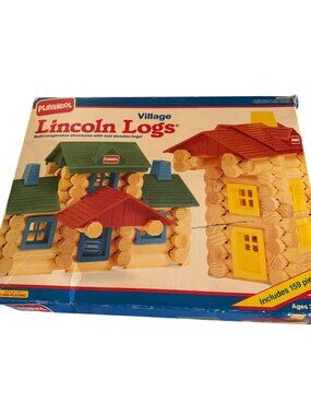 Vintage Playskool Lincoln Logs Village Wooden Logs Plastic 157 pieces Box Estate